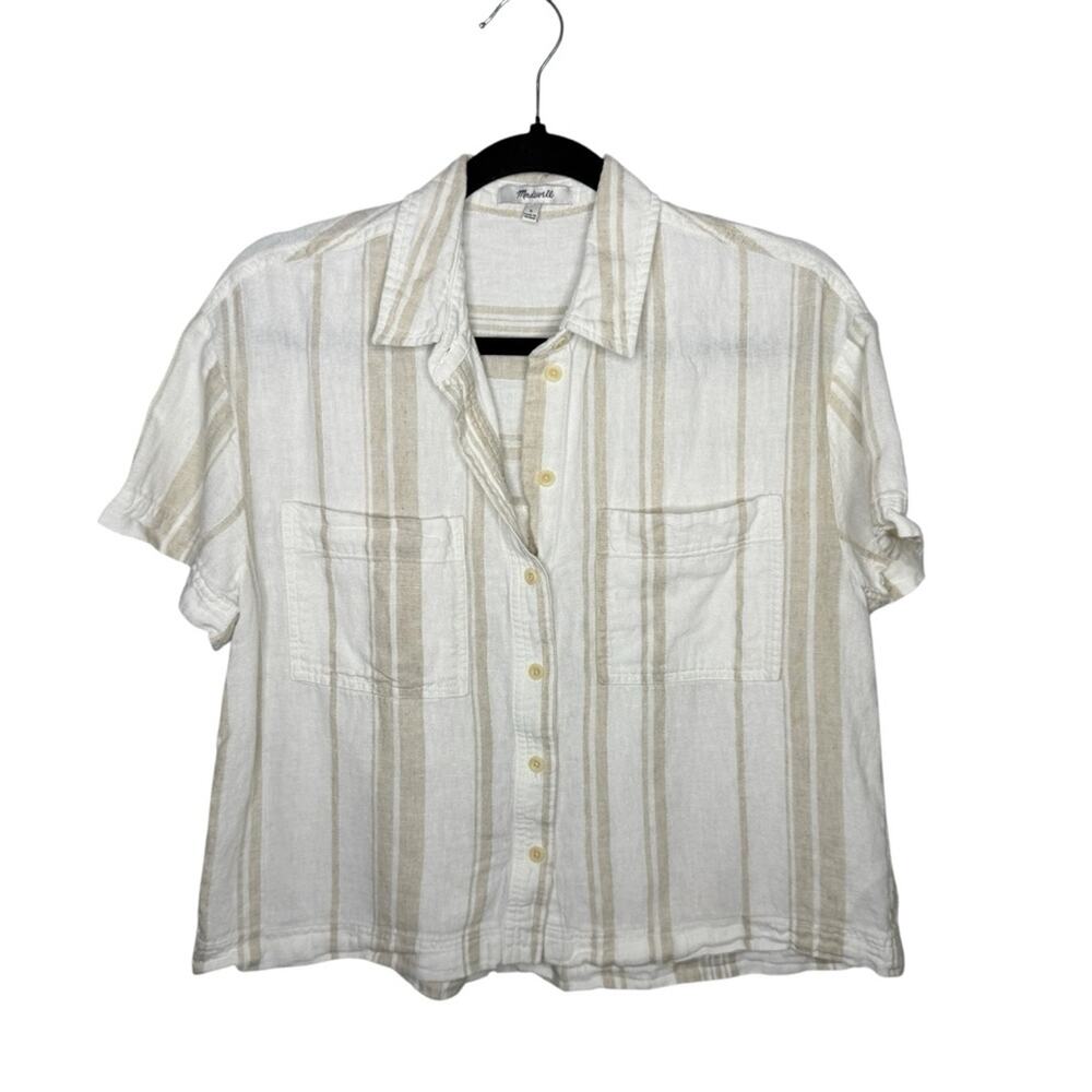 MADEWELL / cream tan linen blend striped short sleeve safari shirt / S